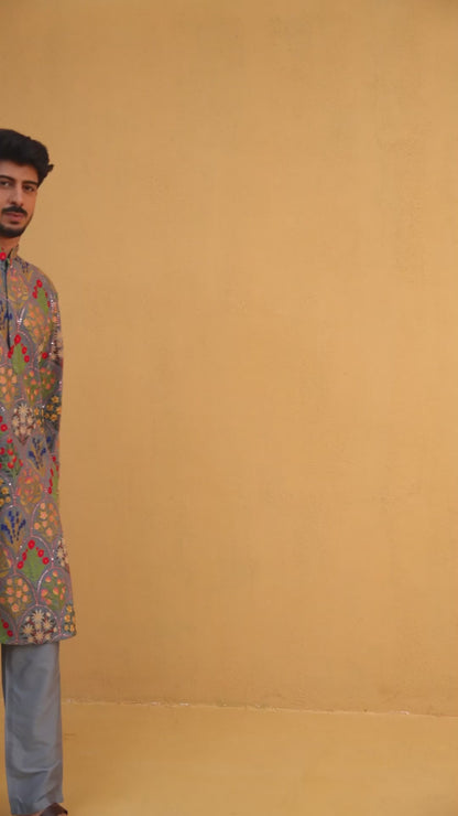 Dheer Gray Embroidered Katan Kurta Set