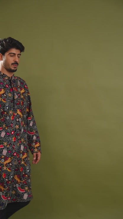 Zihab Black Embroidered Katan Kurta Set
