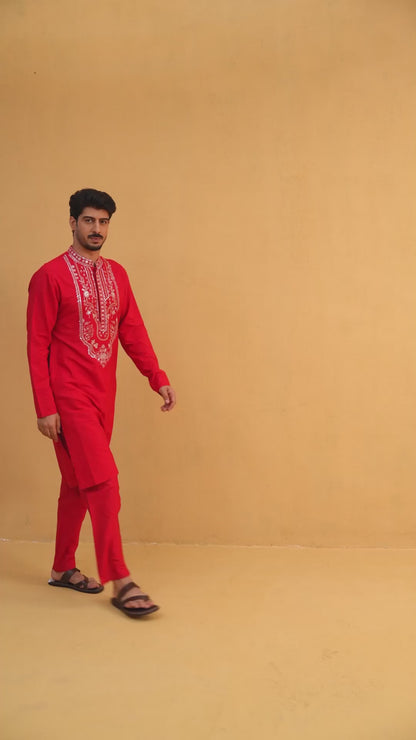 Nitigya Red Embroidered Katan Kurta Set