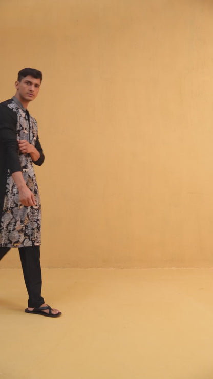 Bharu Black Embroidered Katan Kurta Set