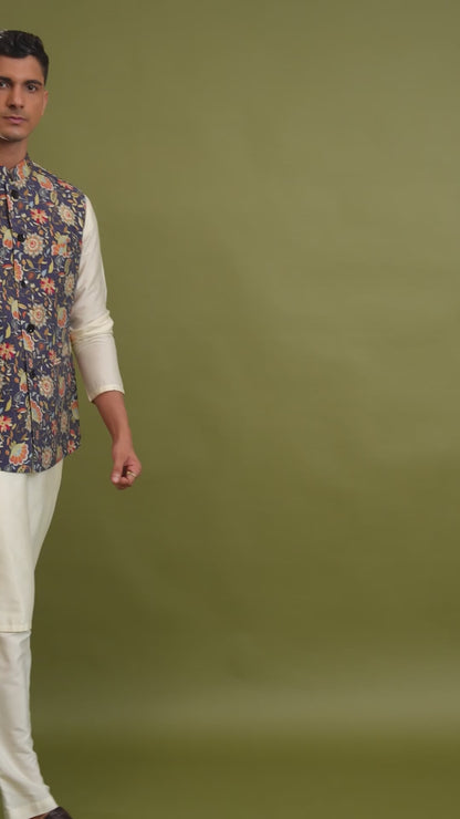 Vanish Dark Blue Printed Chanderi Bundi