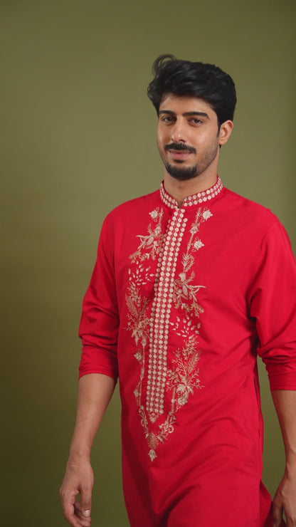 Anshul Red Embroidered Katan Kurta Set