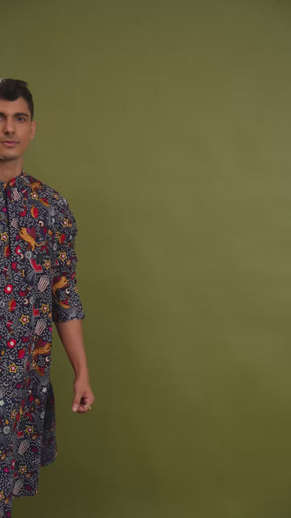 Zihab Blue Embroidered Katan Kurta