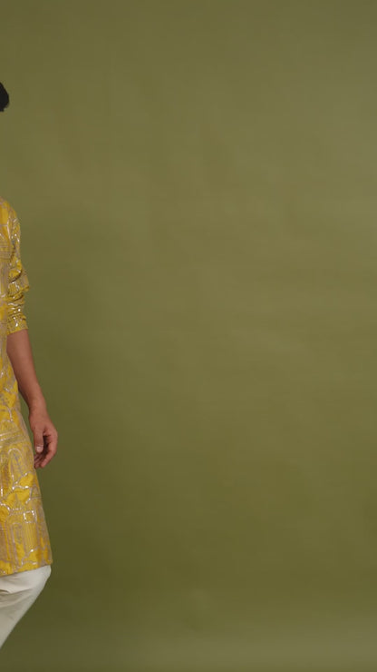 Yazal Yellow Embroidered Katan Kurta Set
