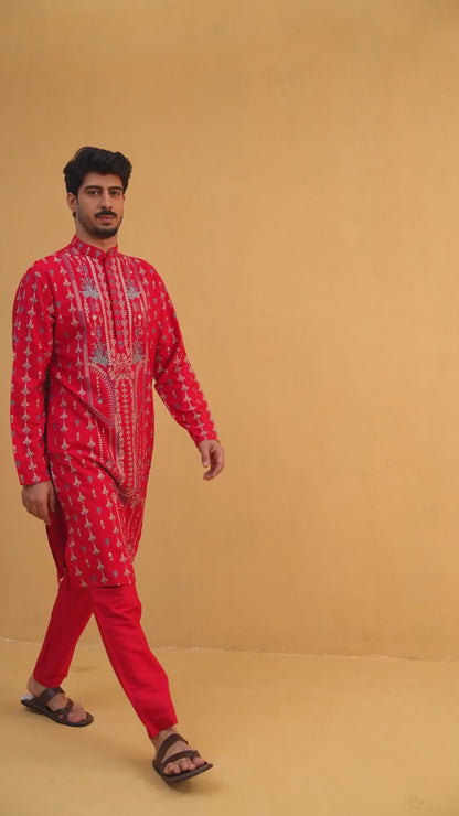 Tohsin Red Embroidered Katan Kurta Set