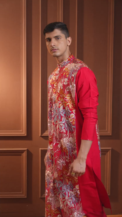 Kavyan Red Embroidered Katan Kurta