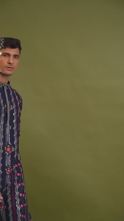 Rishan Blue Embroidered Katan Kurta
