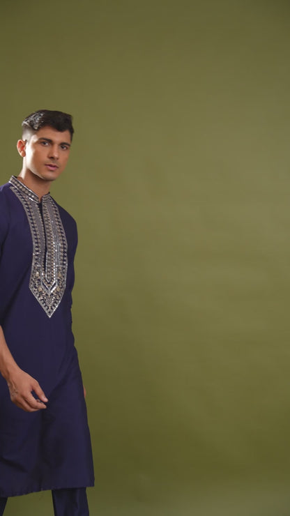 Shreen Blue Embroidered Katan Kurta Set