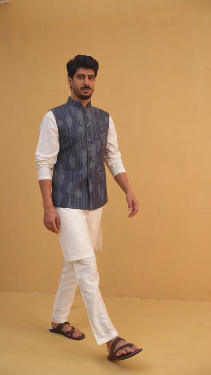 Siva Blue Printed Cotton Blend Bundi Set