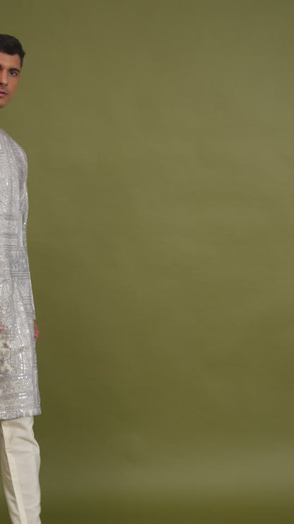 Ishir Ivory Embroidered Katan Kurta